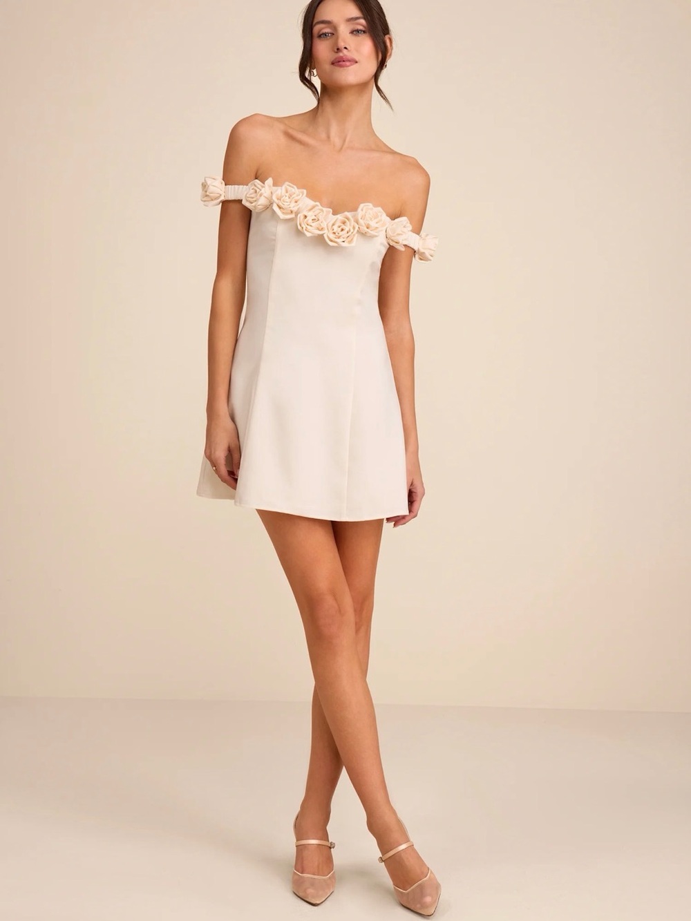 Lulus Gracen Ivory Rosette Off-the-Shoulder Skater Mini Dress NWT S